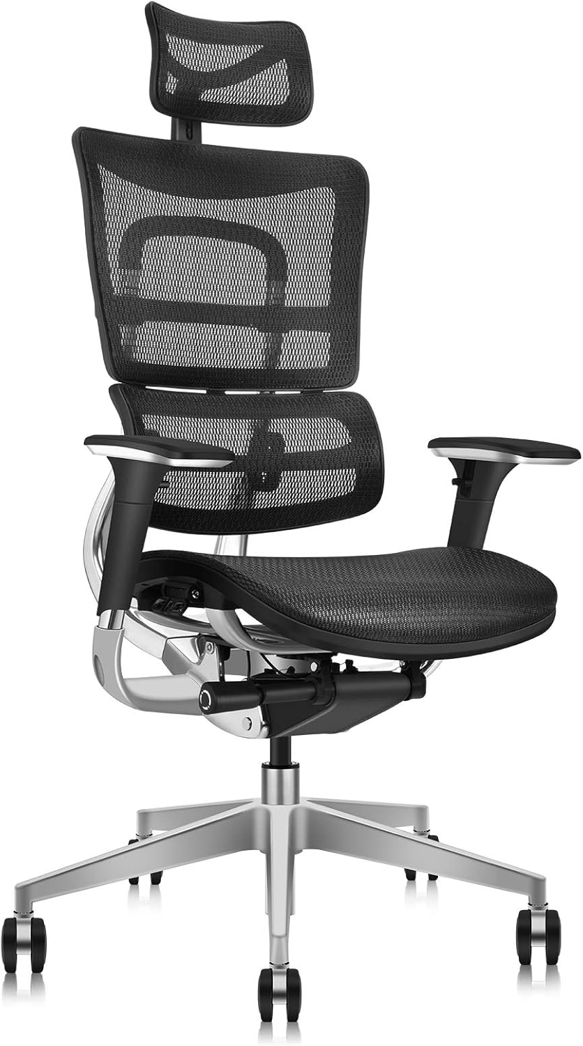 Ergonomic Office Chair with Wrapping Headrest and Tilt Limiter | Backrest Height Adj | Headrest Height Adj | Seat Depth Adj | 3D Armrests Adj | Standard Carpet Caster | Aluminum Frame Base