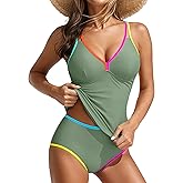 Blooming Jelly Womens Tummy Control Tankini Swimsuits Color Block Bathing Suit V Neck Two Piece Swimwear with Shorts