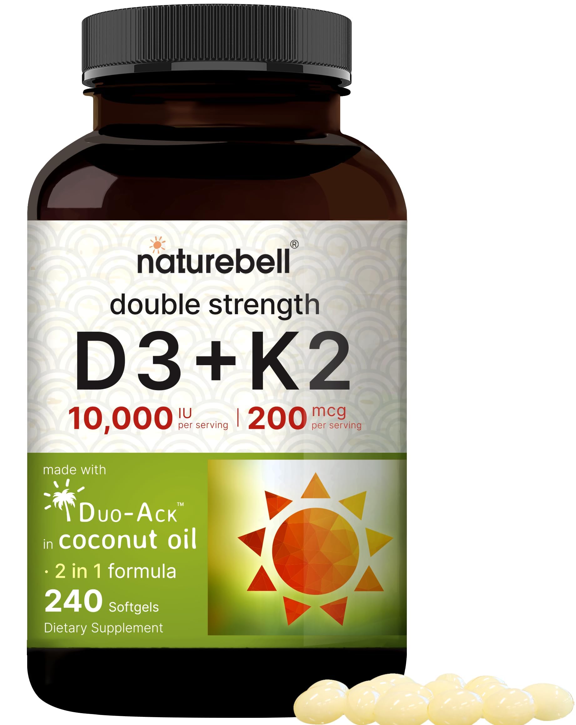 NatureBell Vitamin D3 10,000 IU + K2 200 mcg, 240 Softgels | Daily High Potency Formula with Coconut Oil | Bone, Heart & Immune Support | MK-7 Form | Non-GMO