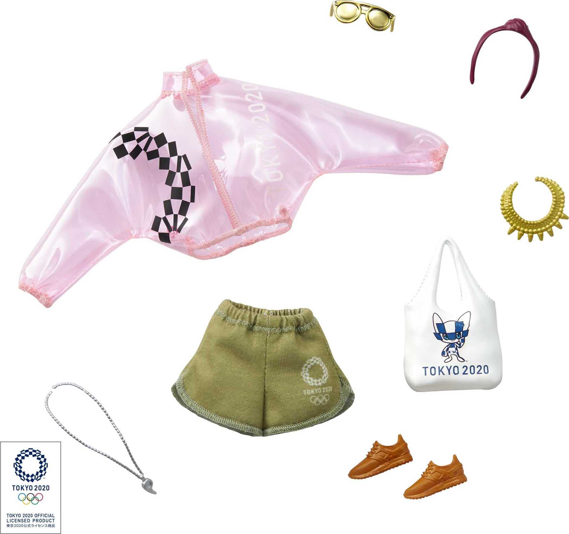 Barbie GJG34 Fashion Set Pink Transparent Jacket, Shorts and 6 Accessories Dolls