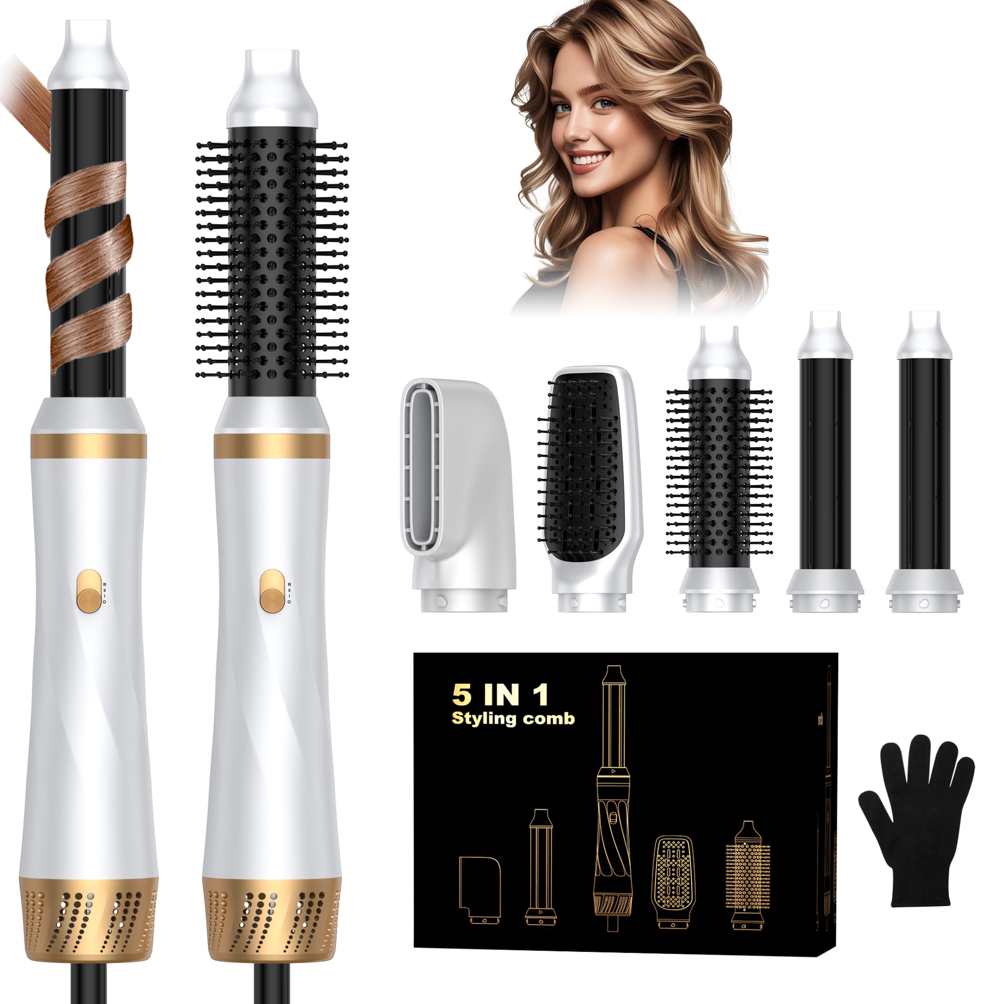 Photo 1 of 5 in 1 Hair Dryer Brush Set, Blow Dryer Brush with Air Style Wrap Hair Styler, Negative Ionic Magic Style Set, Detachable Air Curler for Volumizer,Straightener,Drying