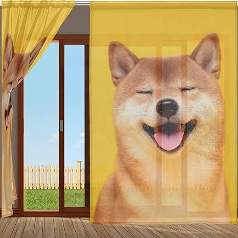 Amazon Chovy レースカーテン ミラーカーテン 半遮光 紫外線 Uvカット 遮熱 目隠し 薄手 カーテン 柴犬 黄色 イエロー いぬ 犬柄 かわいい 可愛い おもしろ インテリア 遮像 保温 間仕切り 洗える 引越し祝い 新築祝い 140cm 198cm 2枚 レースカーテン オンライン通販