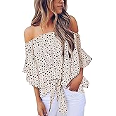 USUASID Women's Striped Off The Shoulder Tops 3/4 Bell Sleeve Tie Knot Casual Blouse Shirts