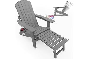 YEFU Adirondack Chair with Ottoman, Adjustable Backrest Adirondack Chairs, Folding Outdoor Fire Pit Chair with 2 Cup-Holders, Weather Resistant for Patio Lawn Outside Garden Pool, 380lbs(Grey)