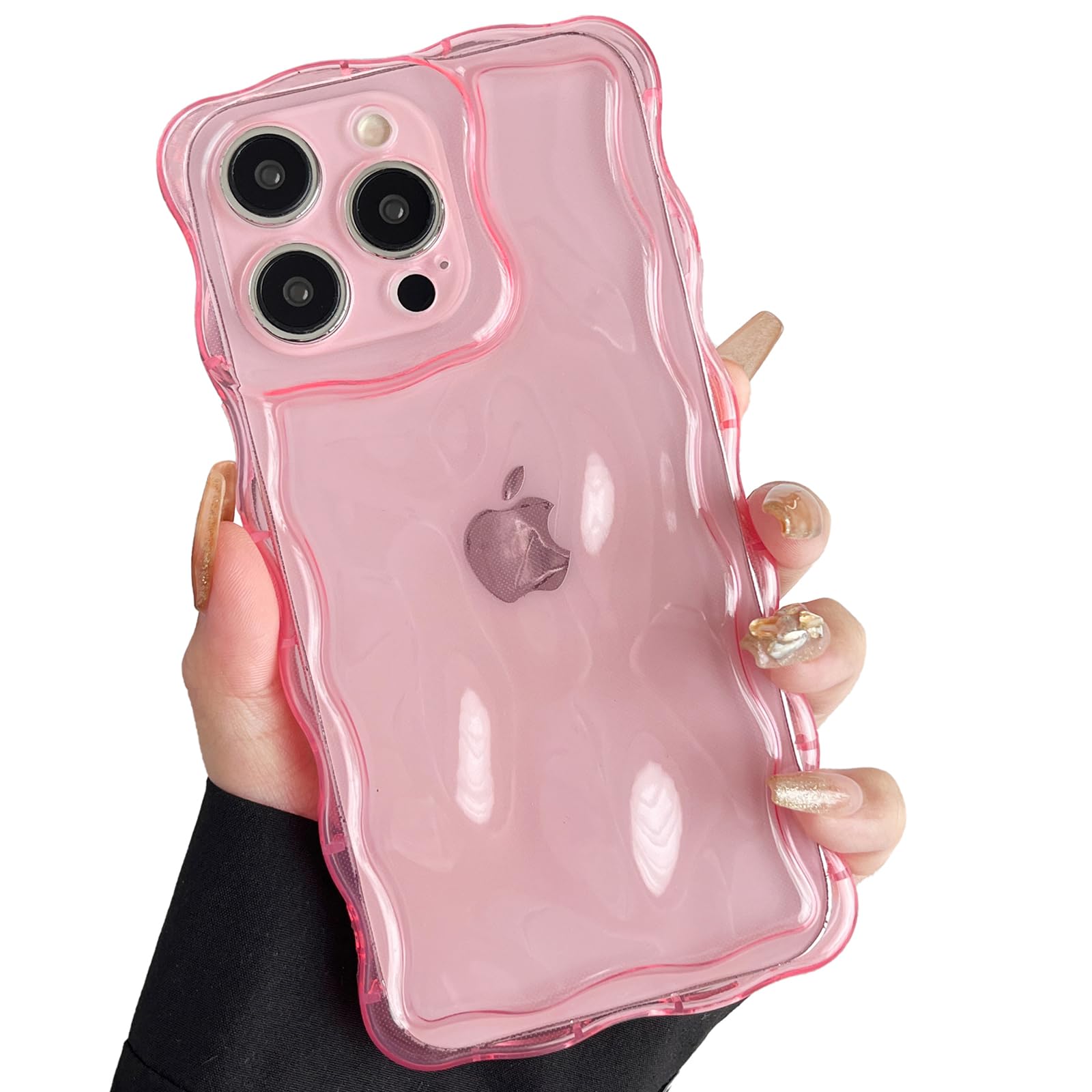 ZTOFERA Wavy Case for iPhone 15 Pro Max (6.7-Inch), Cute Wave Frame 3D Ripple Design Clear Soft TPU Protective Bumper Lightweight Anti-Yellowing Shockproof Cover for Girls Women, Clear Pink