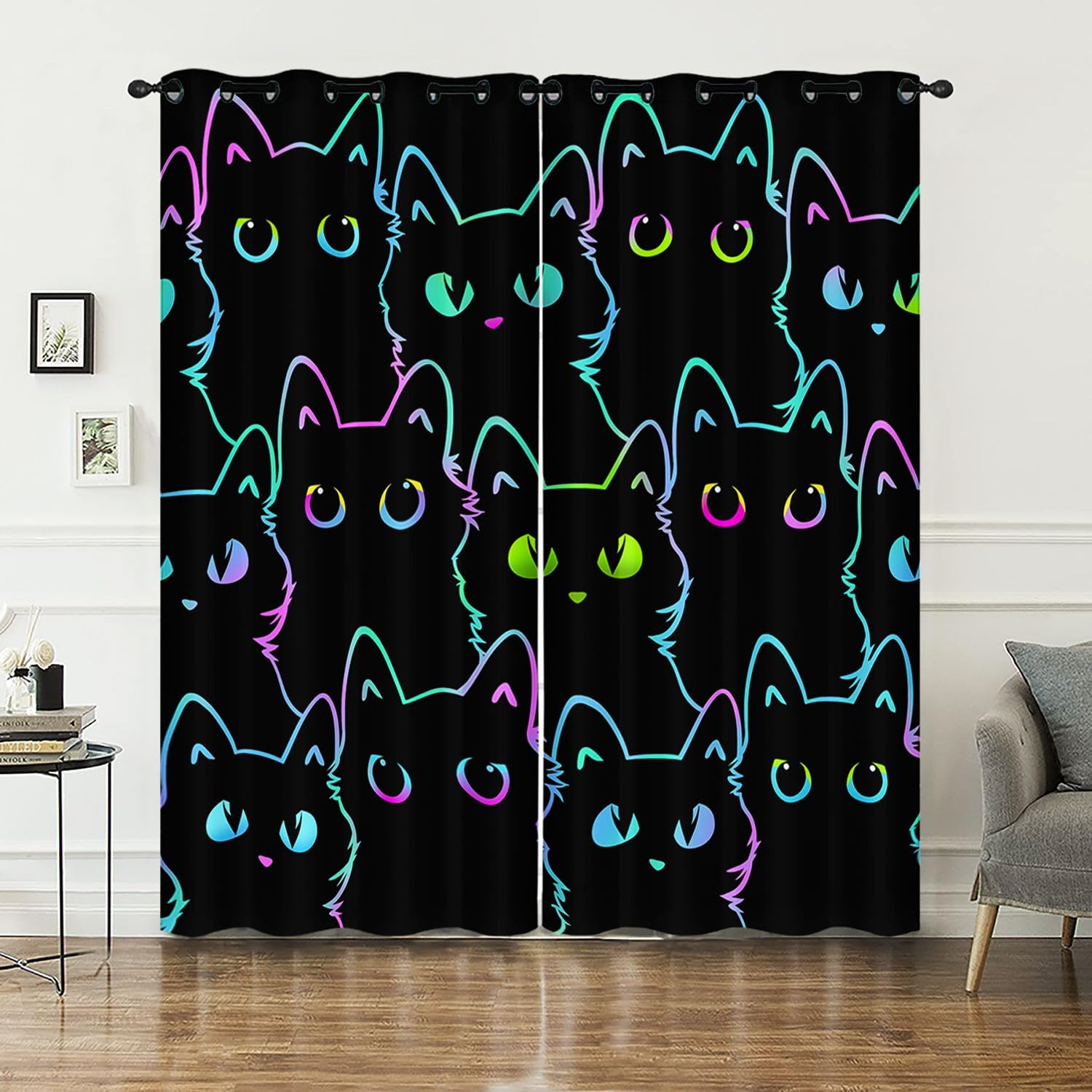 HOSIMA Curtains Blackout Eyelet for Boys and Girls Soft Breathable Black Cat Print Curtains 2-piece Set Suitable for Young People's Bedroom Living Room Decoration(Black Cat,117x183)