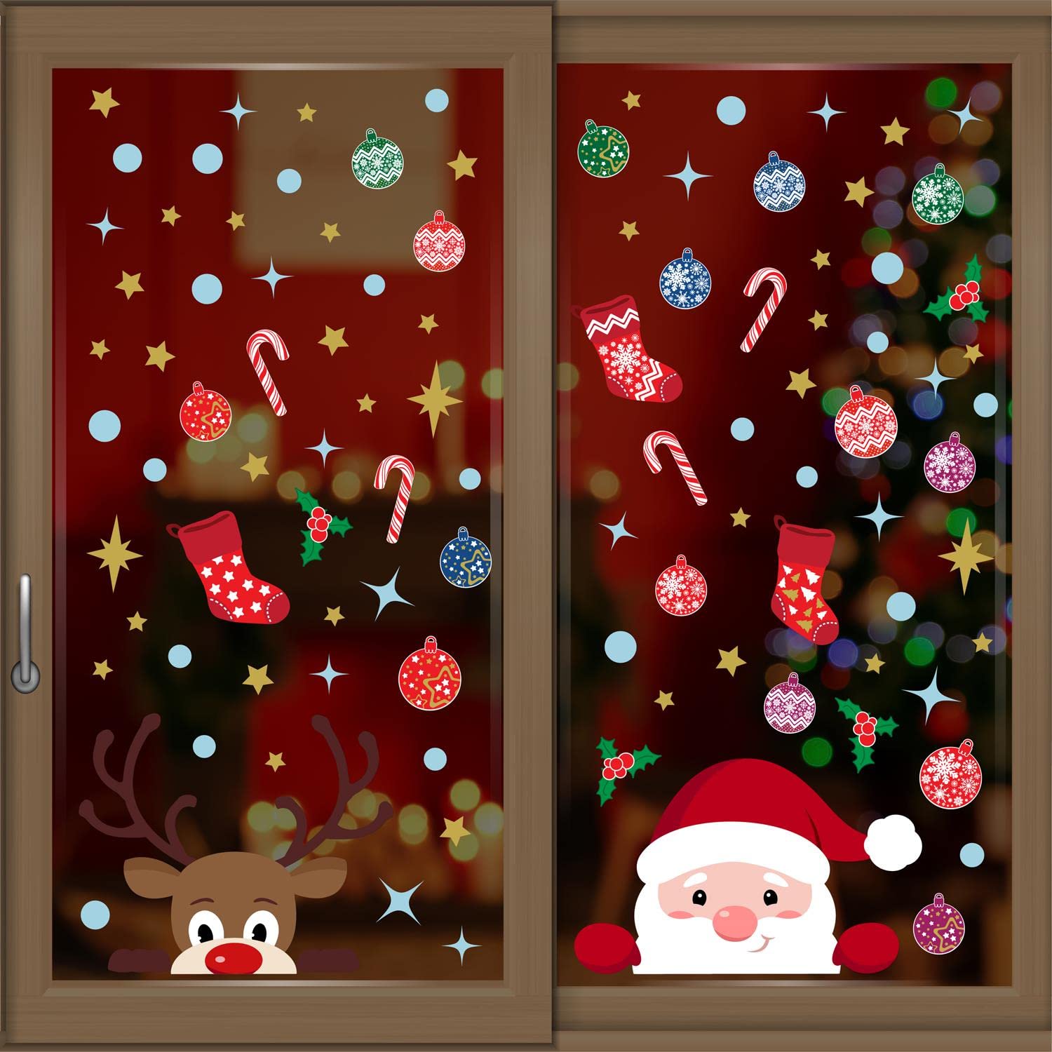 WALPLUS Christmas Window Stickers Clings Xmas Decoration Sale Clearance Reusable Double-Sided Print Decals for Glass Living Room Windows Display Xmas with Rudolph and Santa 92 Pieces