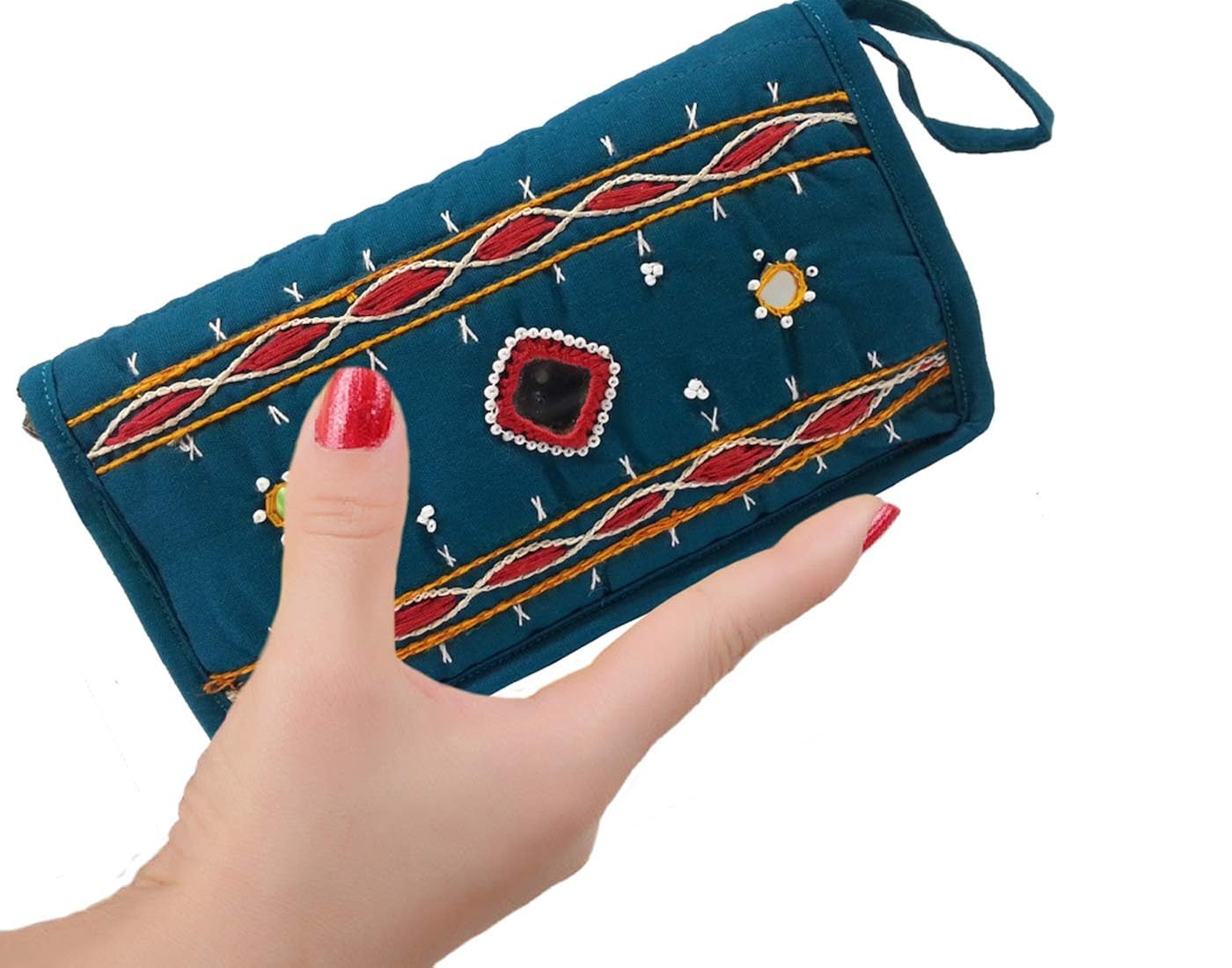 belladona mirror work purse with cell pouch in rama green