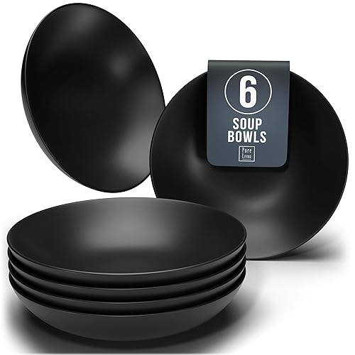 Manhattan Urban Black Line - 6-Piece Matte Black Soup Plate Set - Premium Stoneware, Dishwasher and Microwave Safe - Stylish Deep Plate Set, Perfect for Pasta and Soup - Pure Living Dinner Set for 6