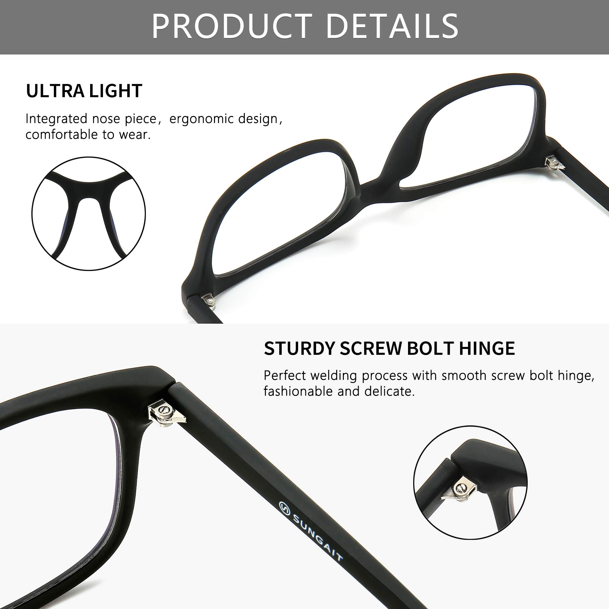 SUNGAIT Occhiali Anti Luce Blu per Gaming PC Mobile TV Riposanti con Filtro UV per Gli Occhi Unisex, Uomo, Donna Cornice Nero 6025