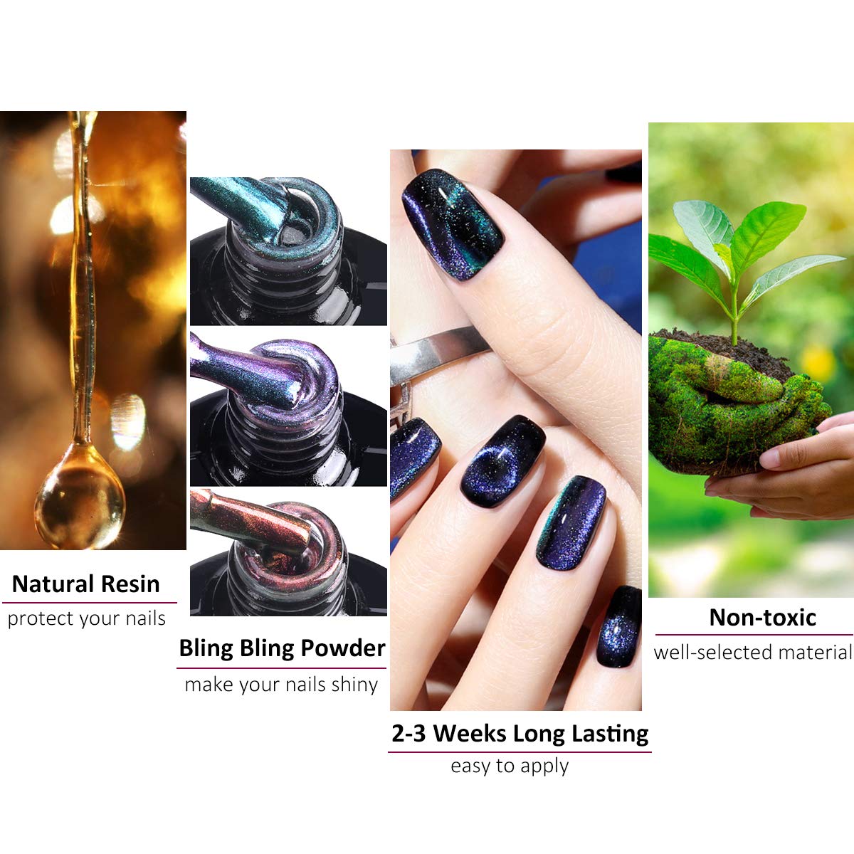 8ml Cat Eye Nagellack Cat Eye NagellackMagnetisch Set, TwoWin 9D Magnet Katzenauge Gel 8 Farben UV LED Gel mit Schwarzer, Dunkelblauer Grundfarbe, Decklack & Grundlack, 2 Magnetstifte