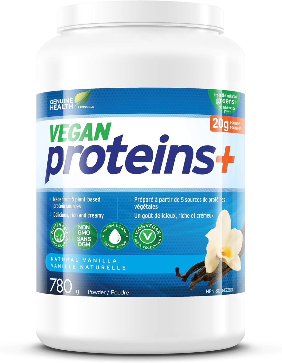 Genuine Health Vegan Proteins+, Natural Vanilla Protein Powder, 20g