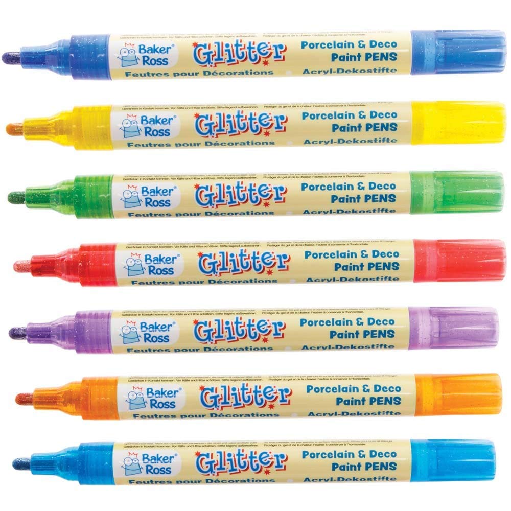 Baker Ross FE193 Rainbow Glitter Porcelain & Deco Paint Pens - Pack of 7, Arts and Crafts Supplies, Acrylic Markers for Kids, Paint Markers for Children