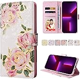 UEEBAI Wallet Case for Samsung Galaxy S22 Ultra 5G, PU Leather Kickstand RFID Blocking Flip With Card Slots, Wrist Strap, Relief Engraved Pattern, Magnetic Closure - White Rose Flower Folio
