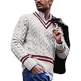 Makkrom Mens V Neck Pullover Sweaters Ribbed Knitted Cable Slim Fit Pullovers Top