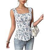 Floerns Women's Summer Sleeveless Blouse Floral Square Neck Lace Up Beach Peplum Tops