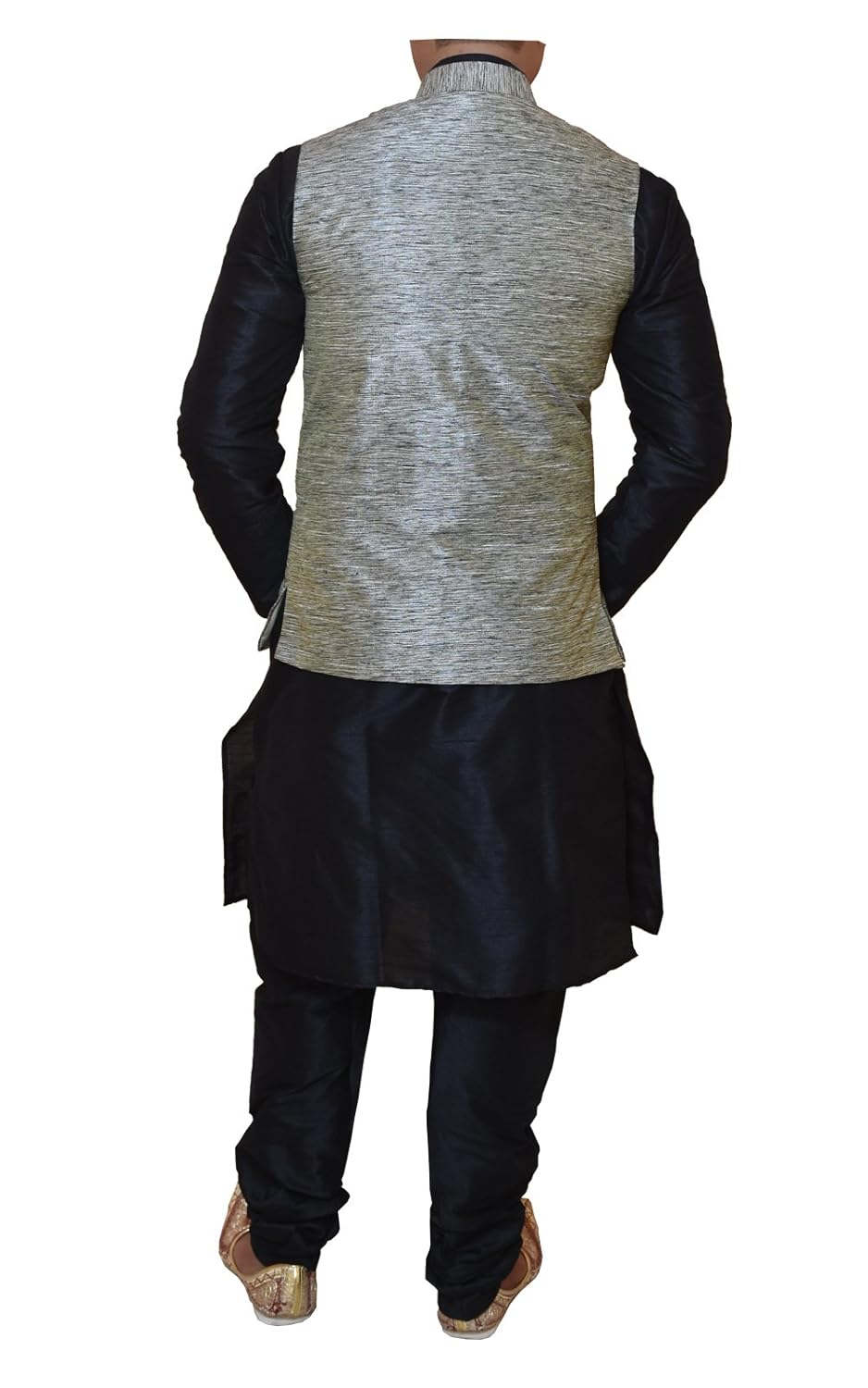 modern garments men's black dupioni silk kurta pyjama & waistcoat