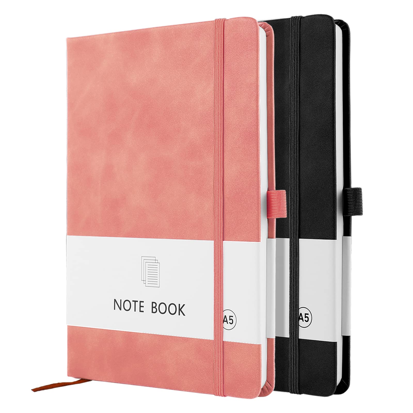 Lefute A5 Notebook, 2 Pack Note book A5 200 Pages 100 GSM Journal Notebook Hardback Notepad with Bookmark, Pen Loop, and Elastic Closure (Black+Pink) — image 1