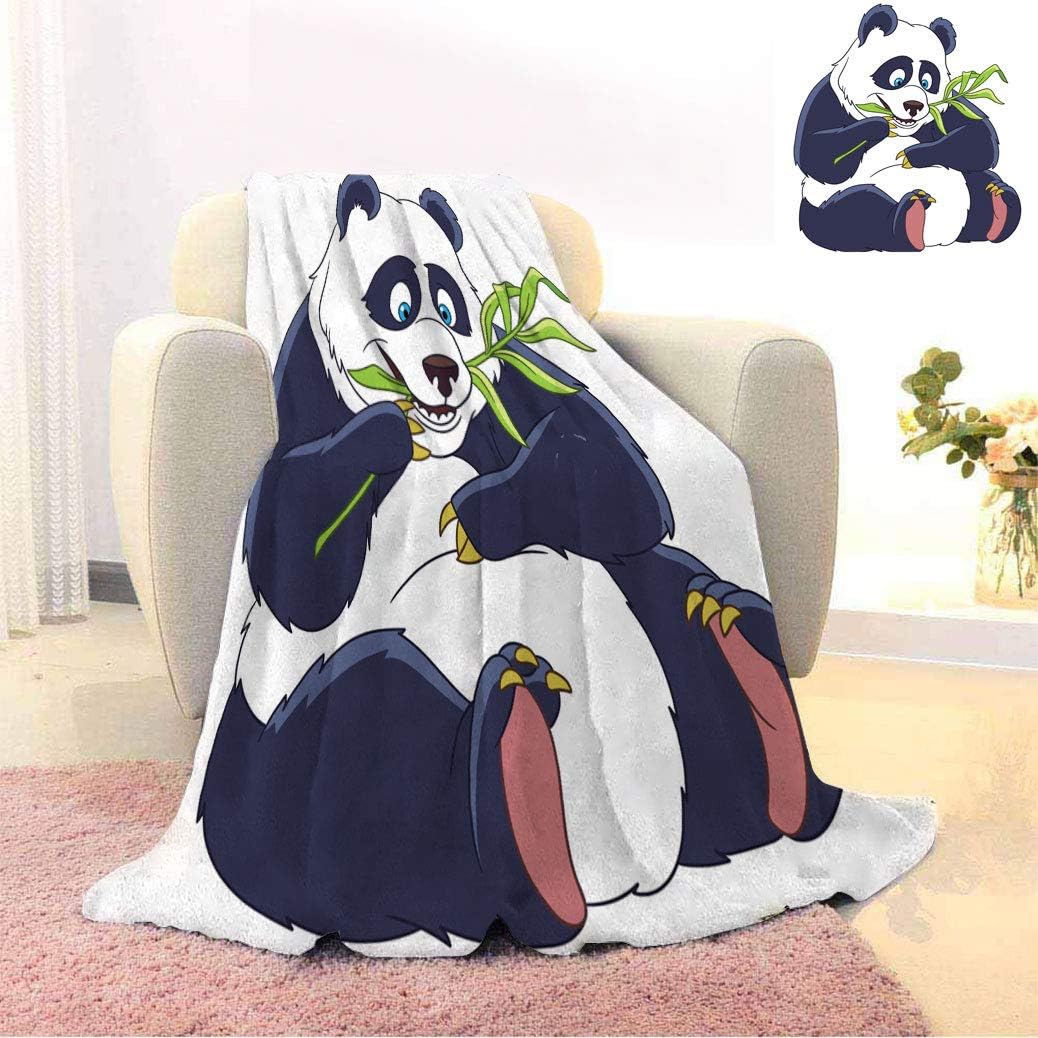 Cartoon All Season Blankets, Funny Panda Bear with Bamboo Branch Modern