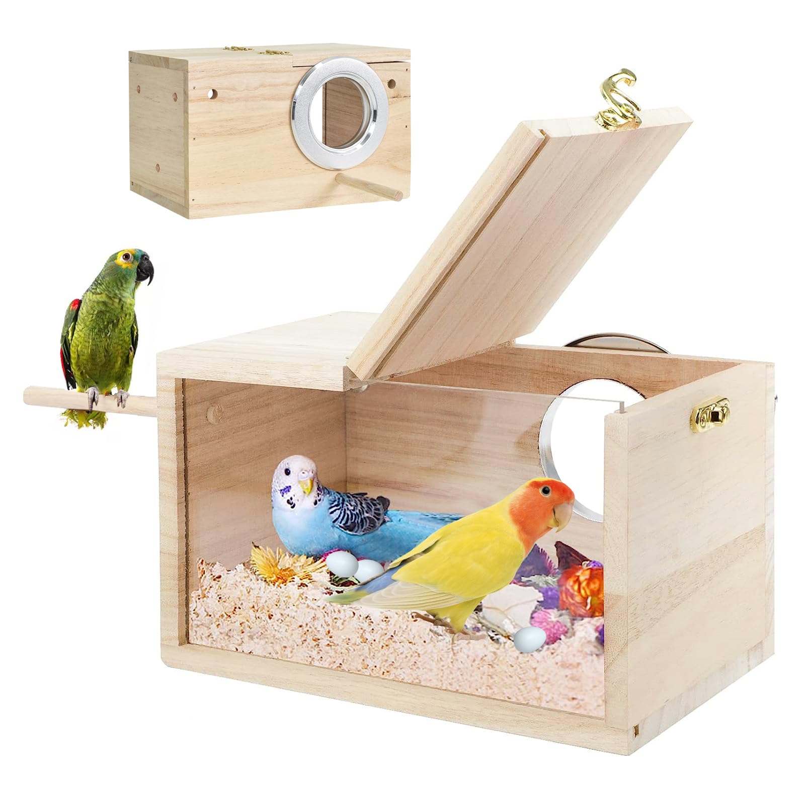Transparent Budgies Nesting Box - Wooden Parakeet Bird House for Cage, Natural Wood Breeding Box for Parrots, Lovebirds, Finches