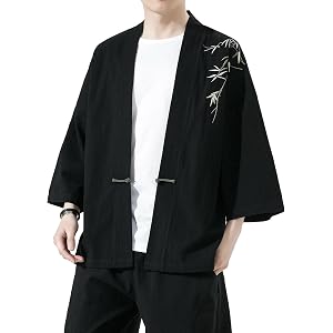 Mens Kimono Cardigan Cotton Linen Japanese Shirt 3/4 Sleeve Haori Yukata | Skin-Friendly Solid Color Lightweight Shawl Collar