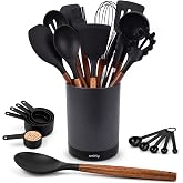 SMIRLY Silicone Kitchen Utensils Set, 22-Piece Acacia Wood Handle, Black | Cooking Utensils Set, Spatula Set with Utensils Holder, Heat-Resistant Silicone Heads, for Nonstick Cookware, BPA Free
