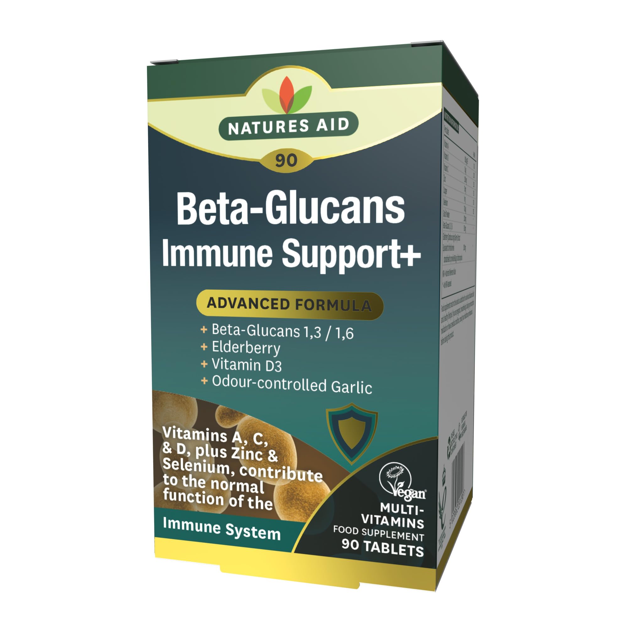 Natures Aid Beta Glucans Immune Support Supplement - Vitamin C, D3, A, Zinc, Selenium, Garlic & Elderberry - Immune System Support for Adults - Vegan, Gluten Free, Non-GMO - 90 Tablets