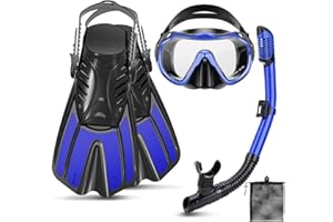 CTSAYTL Snorkeling Gear for Adults, 4 in 1 Travel Size Mask Fins Snorkel Set with Panoramic View Anti Fog Mask, Dry Top Snorkel, Trek Fins and Travel Bag, Snorkel Gear for Swimming Diving Snorkeling