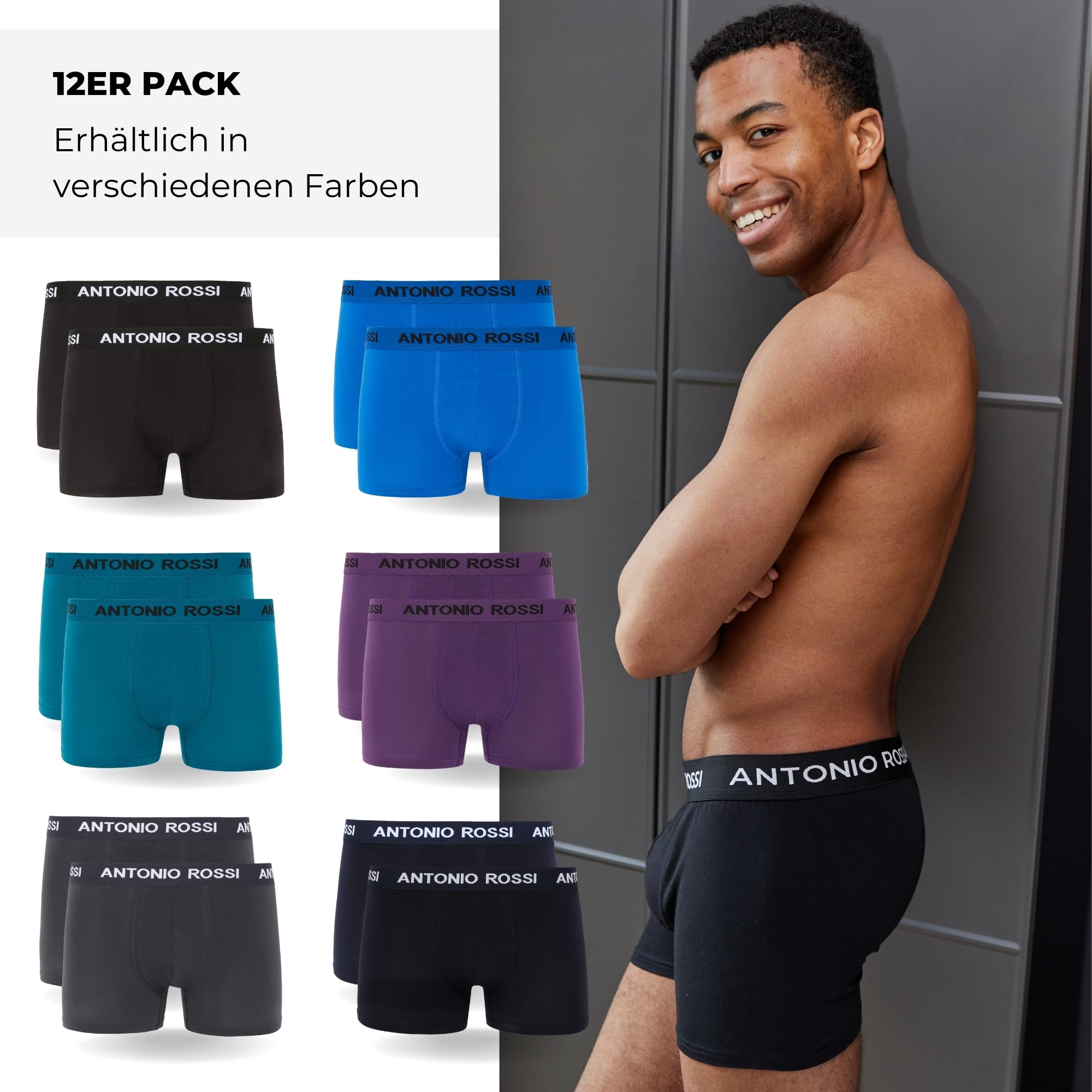 ANTONIO ROSSI Herren (12er-pack) Herren-boxer-hipster Fitted Boxer Hipsters, Schwarz, Blau, Grau, Grün, L EU 2