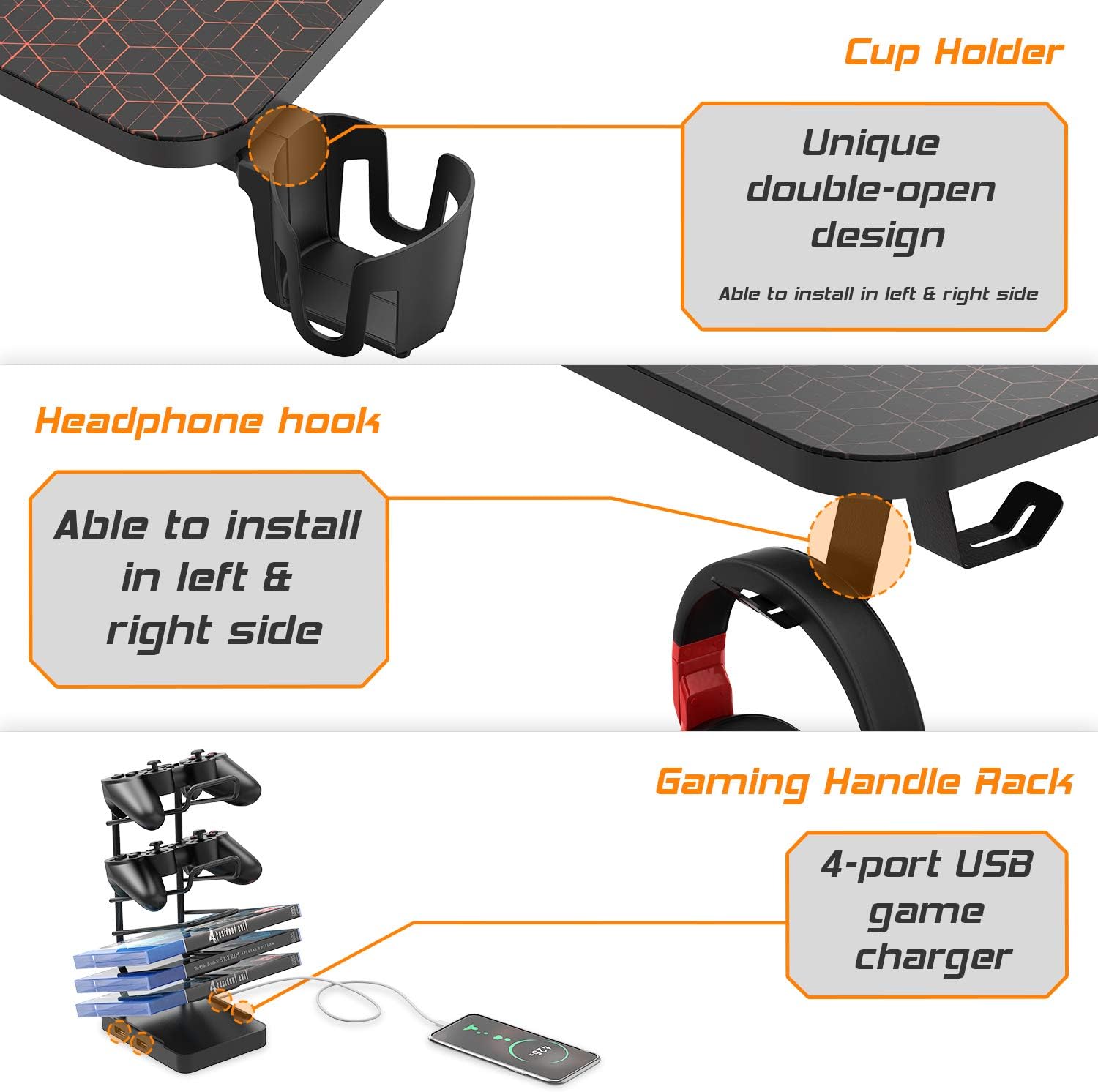 DESIGNA 47 inch Gaming Desk Racing Style, Computer Desk with Free Mouse pad, T-Shaped Professional Writing Table Workstation with USB Handle Rack, Cup Holder & Headphone Hook, Black: Kitchen & Dining