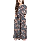 21KIDS Girls Maxi Dress Floral 3/4 Long Sleeve Dresses with Pockets for Girls 6-12 Years