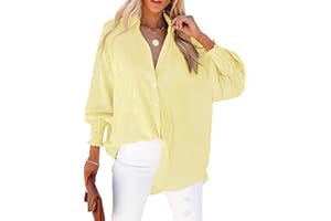 Womens Smocked Cuffed Striped Boyfriend Shirt Casual Collar Long Sleeve Oversized Button Down Blouse Tops with Pocket Shirred