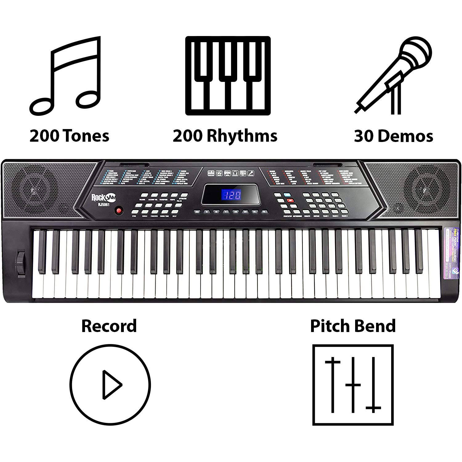 RockJam Soporte para piano con teclado de 61 teclas con kit de inflexión de tono, banco para piano, auriculares, aplicación Simply Piano y pegatinas Keynote
