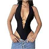 Milumia Women Deep V Neck Bodysuits Tops Sexy Backless Night Out Leotard Shirts Black Small