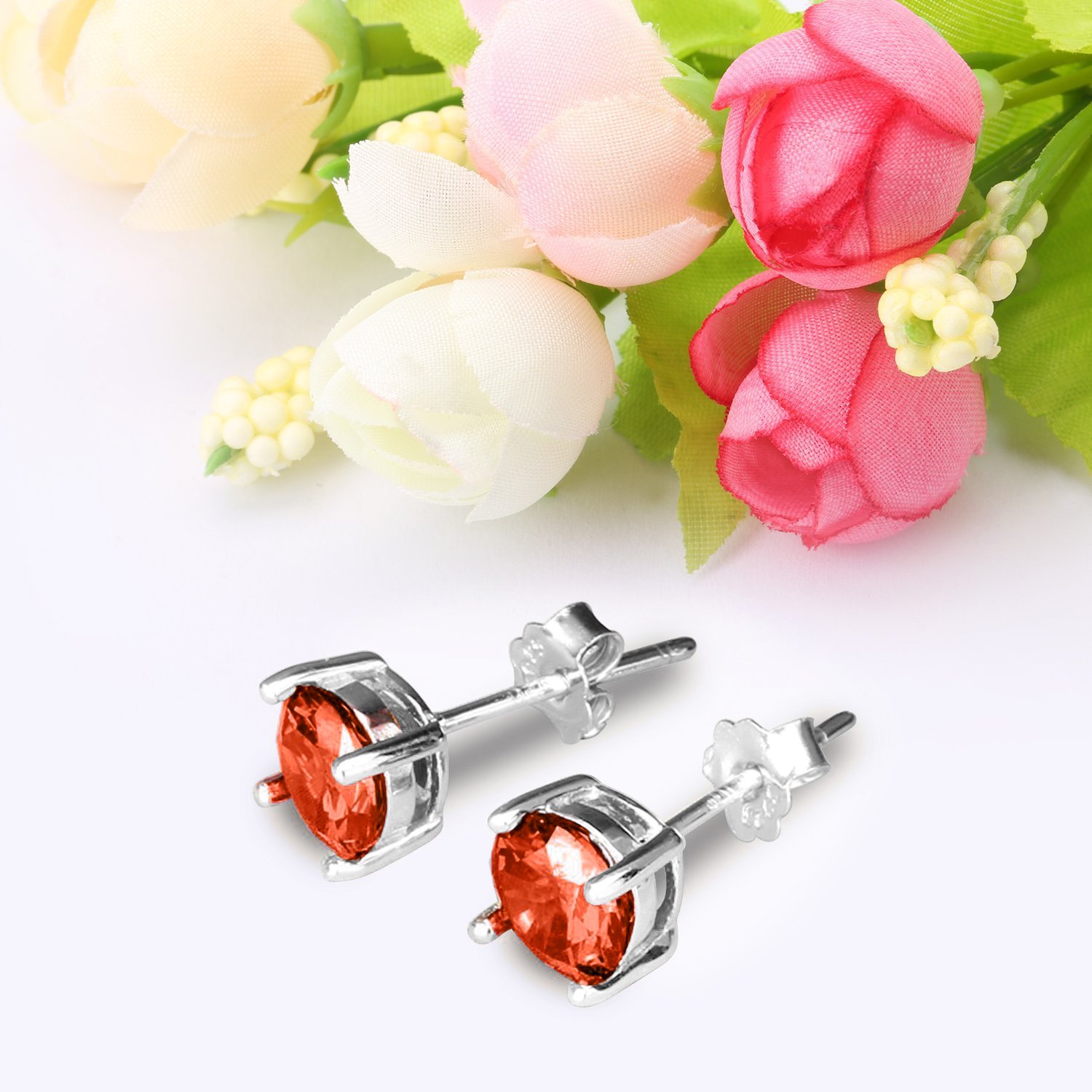 Stud Earrings, UHIBROS Hypoallergenic Silver Ear Stubs Birthstone Round Cubic Zirconia Diamond Earrings (July-Ruby-1)