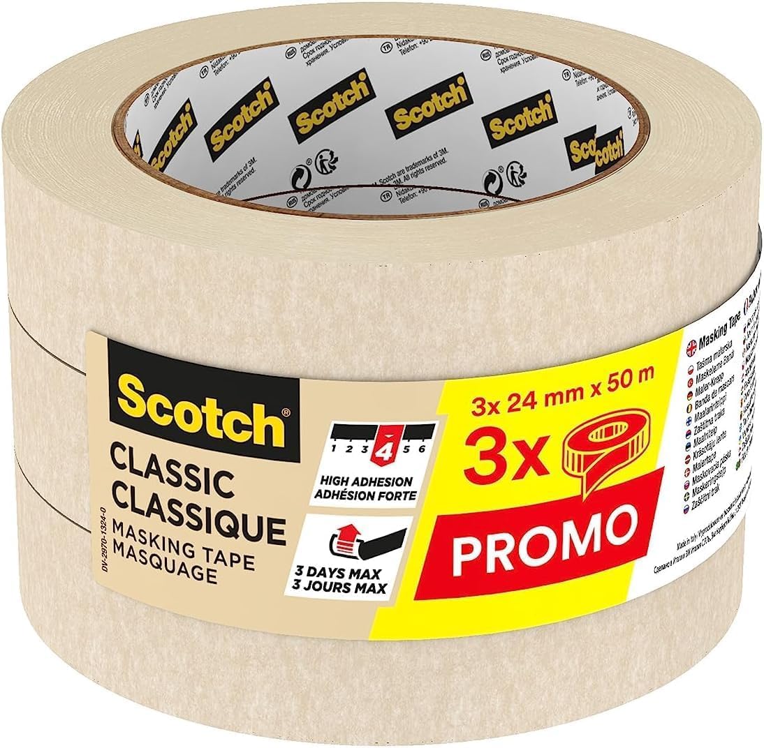Scotch Masking Tape Classic Premium Beige, Promo Pack of 3 Rolls, 24 mm x 50 m - Adhesion - Painters Masking Tape for Indoor Painting and Decorating
