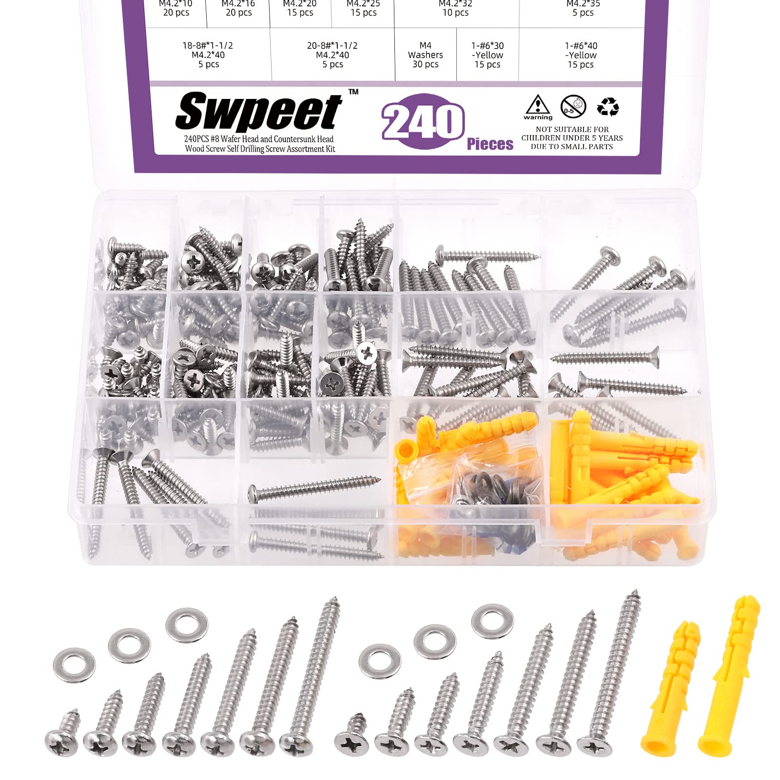 Swpeet 240Pcs #8x 3/8" 5/8" 3/4" 1" 1-1/4" 1-3/8" 1-1/2" 304 Stainless Steel Flat Head and Pan Head Fast Self Tapping Drywall Screws Wood Screws Sheet Metal Screws with Flat Washers and Drywall Anchor