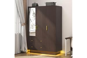 JITEENTAROU 3 Door Wardrobe Closet with Mirror & LED Lights, Bedroom Armoire with Drawers & Shelves, Farmhouse Wooden Armoire Wardrobe Closet with Hanging Rod for Bedroom, Brown