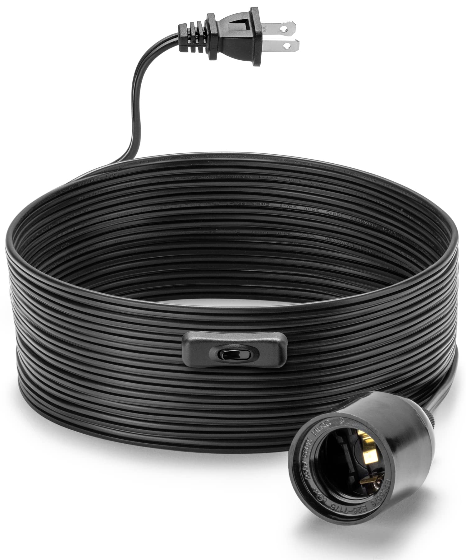 Photo 1 of 20Ft Extension Hanging Lantern Cord - Black, E26 Light Bulb Socket with Cord, On/Off Switch, Polarized Plug, UL Approval Pendant Light Cable with Socket (No Bulb)