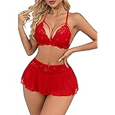 Vicarly Sexy Floral Lace Mesh Sheer Lingerie Set 3 Piece with Thong