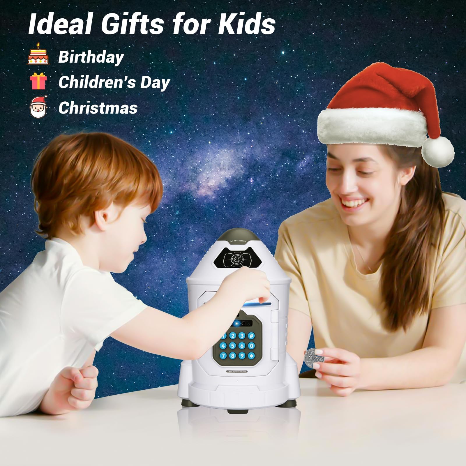 Kids Safe, Electronic Piggy Bank for Boys Girls, ATM Money Saving Box Toy 2024 with Password & Face ID Simulation, Christmas Birthday Gifts for 4 5 6 7 8 9 10 Year Old, Rocket Space Coin Cash Can