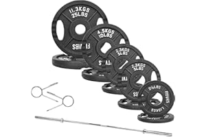 Fitvids Olympic Cast Iron 2-Inch Weight Plates Including 5FT Olympic Barbell Bar & Safely Locks, 1​10 Pounds Set (​95 Lbs Plates + 15 Lbs Barbell Bar), Multiple Packages