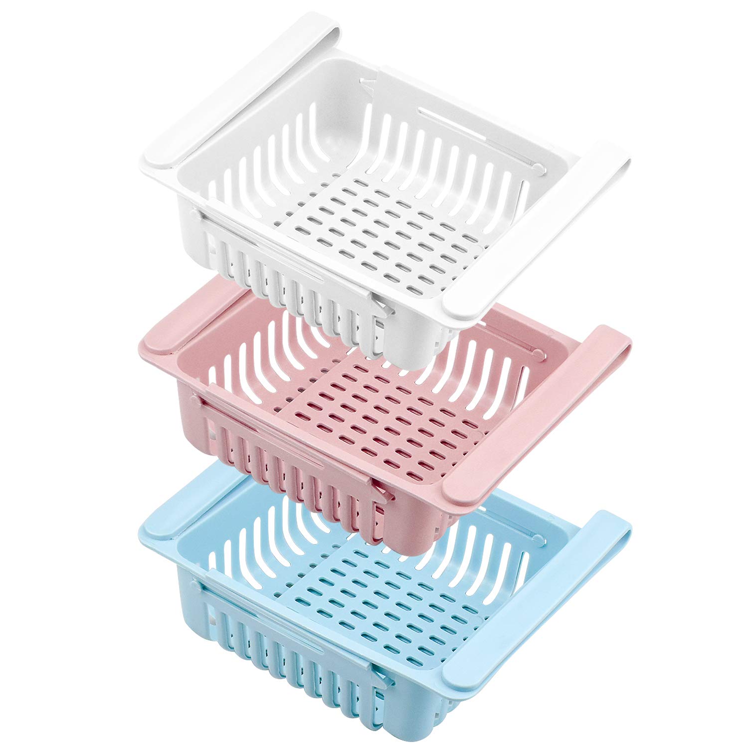 3 Pack Kitchen Fridge Drawer Organisers Retractable Refrigerator Partition Storage Rack Plastic Fridge Shelf Holder Box for Vegetables And Fruits - White Blue Pink