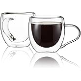 CNGLASS Double Wall Glass Coffee Mugs with Handle,10oz Clear Insulated Glass Espresso Cups for Hot and Cold Beverages,Latte,Cappuccino,Set of 2