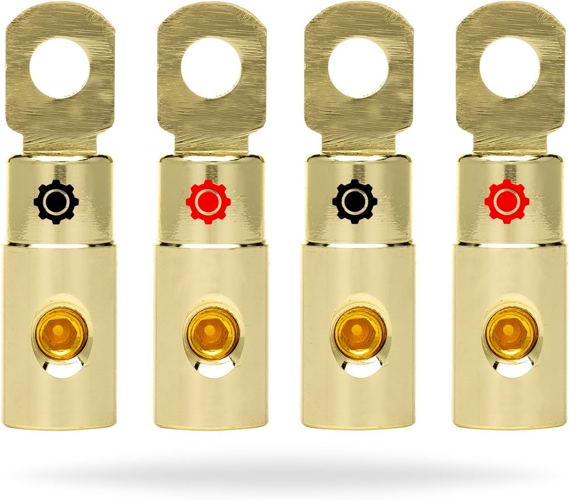 InstallGear 4 AWG Gauge Gold Ring Set Screw Battery Ring Terminals (4