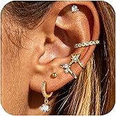 14K Gold Plated Clip On Earrings for Women, Hypoallergenic Stackable Cartilage Studs, Huggie Stacks Set for Multiple Piercing Jewelry