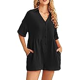 Kikibell Women's Summer Short Sleeve Romper Casual V Neck Wide Leg Short Jumpsuit Button Beach Rompers Outfit With Pockets