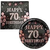 Happy 70th Birthday Plates and Napkins Party Supplies, 16pcs Plates and 20pcs Napkins 70th Birthday Party Tableware Decorations for Women Black and Rose Gold