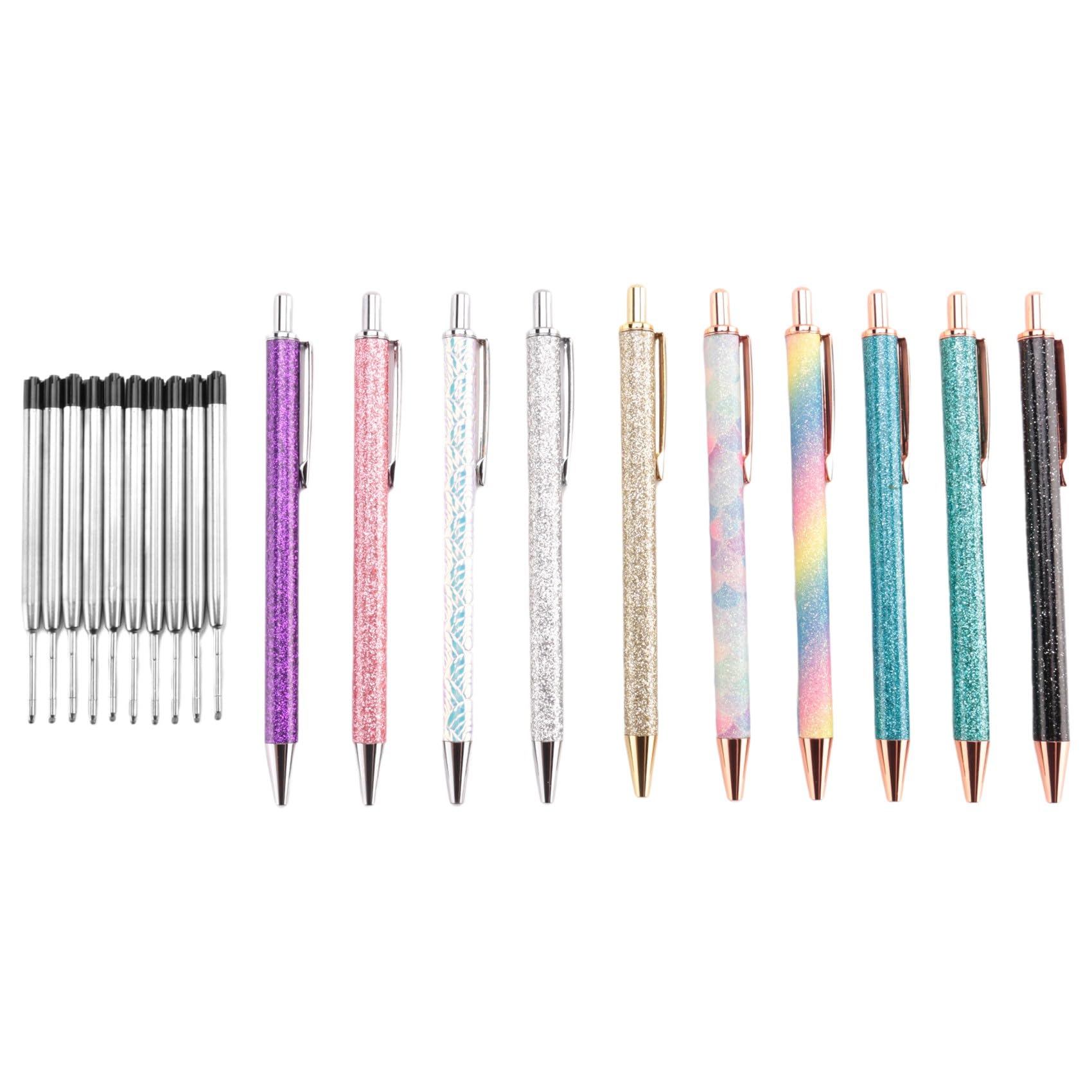 ZDSFSD 10Pcs Metal Ballpoint Pens 1.0 mm Retractable Ballpoint Pens Glitter Metal Pens with 10Pcs Refills for School Supplies
