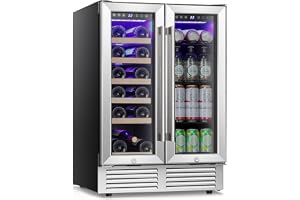 Antarctic Star Wine and Beverage Refrigerator, 24 Inch Dual Zone Wine Cooler with Glass Door, Built in or Under Counter Wine Fridge with Blue LED Light,18 Bottles and 66 Cans Capacity Beverage Cooler